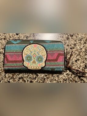 Turquoise & Pink Sugar Skull Zip Pouch - Women Accessories